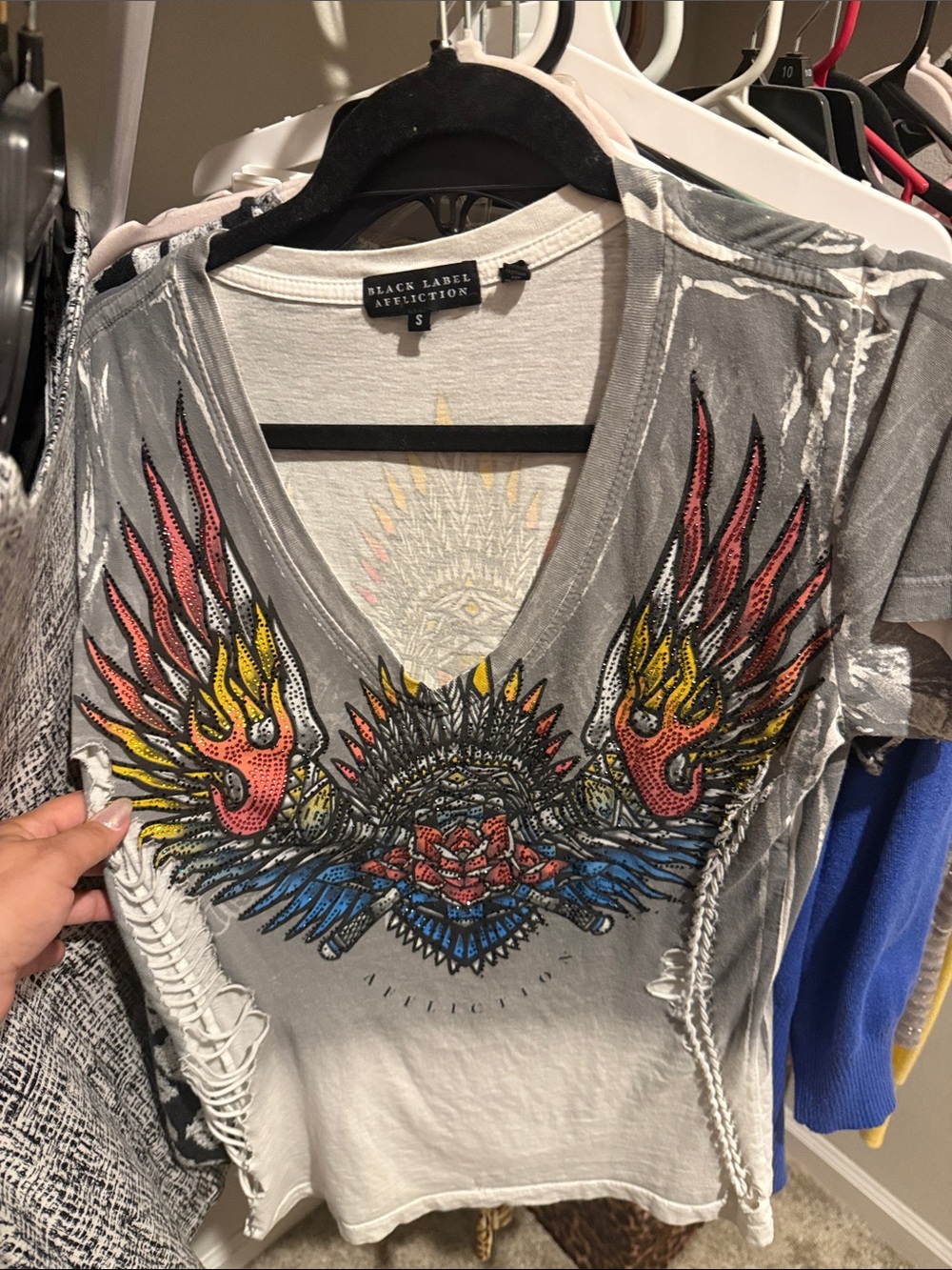 Black Label Gray Distressed V-Neck Tee with Multicolor Winged Graphic